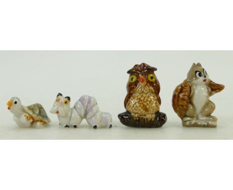 Wade 1950s Whimsies: Wade Whimsies Girl Squirrel, Merlin as a caterpillar, Owl and Merlin as a turtle from Disney series.  (4