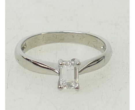 Platinum solitaire Baguette cut Diamond ring: Ring approx 45ct, size J, 3.5grams.