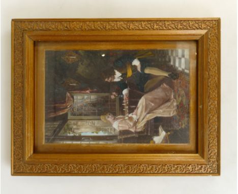 19th century hand painted glass panel: A hand painted with glass panel with 17th century couple playing chess, in gilt frame,