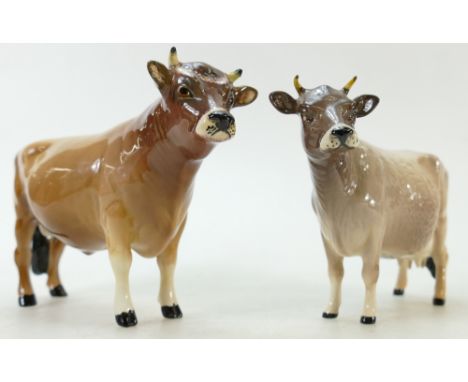 Beswick Jersey Bull 1422 and Cow 1345: Both Bull and Cow with oval backstamp and in unusual light colourway. (2)