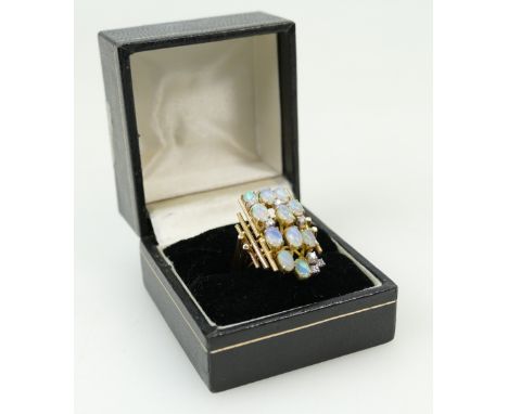 14ct gold diamond &amp; opal designer large cluster ring: Spectacular piece set with 7 diamonds &amp; 12 opals.  Head of ring