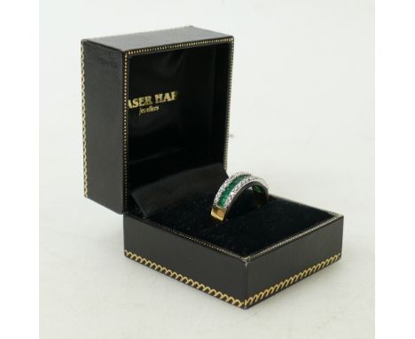 18ct Diamond & Emerald ring: Set with 28 diamonds & 12 emeralds.  Weight 5.8g, size T.  Shank of hallmarked yellow gold, set 