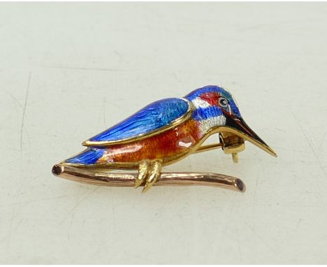 9ct gold Enamel Kingfisher brooch: Yellow gold bird with bright enamel plumage, perched on hallmarked Rose gold branch.  4.4g