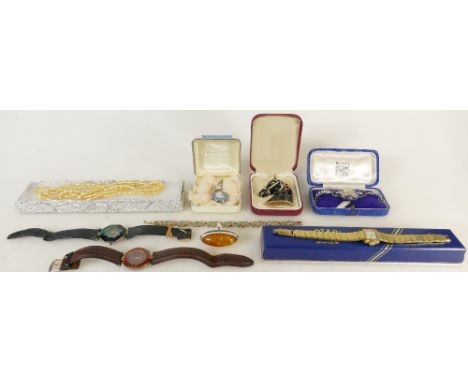 A collection of vintage ladies costume jewellery:  Collection including wristwatches, silver Amber dress ring, Wedgwood Jaspe