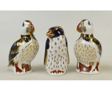 Royal Crown Derby Paperweight Birds: Paperweights to include Puffin x 2 and Rock Hopper Penguin, all gold stoppers. (3)