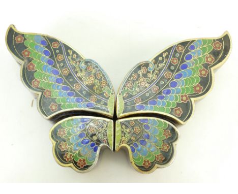 1960s Set of 4 vintage Cloisonné trinket boxes: Trinket boxes in the form of a butterfly. Width from tip of wing 21cm, depth 
