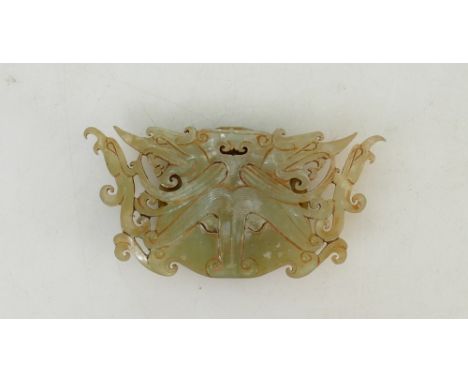 Chinese Jade pierced pendant carved with Buffaloes head: Pendant size 10 x 16cm, Provenance Collection of Richard Drew (1938-
