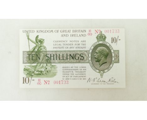 10 shillings banknote NF Warren Fisher: First issue E60 001733, variety with square dot / dash, issued 1919 - 1922. aUNC.