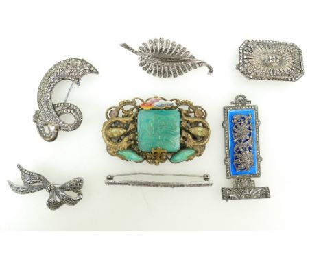 Guilloche Enamel &amp; Marcasite Art Deco, silver &amp; Jade Brooches: A small collection of interesting brooches including a