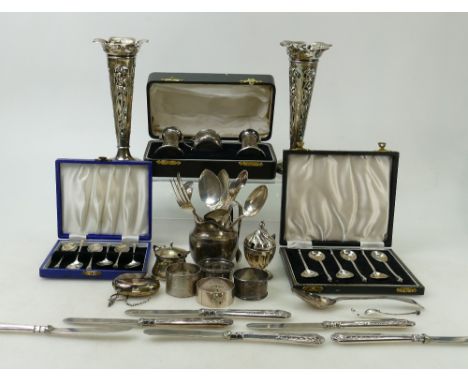 Collection of silver: Large collection of hallmarked silver including spoons and other flatware, napkin rings, tongs, vases (