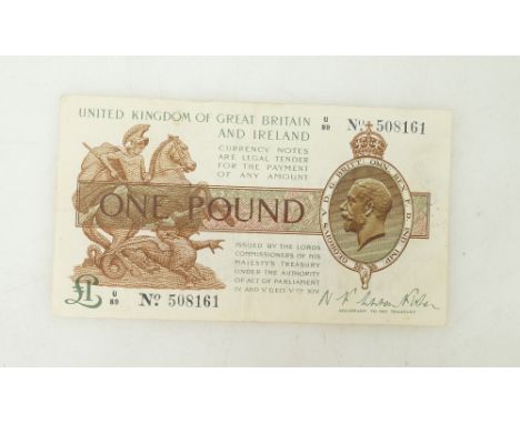 One pound banknote NF Warren Fisher: First issue U89 508161, single letter over prefix number - Pin hole, 2 printed number st