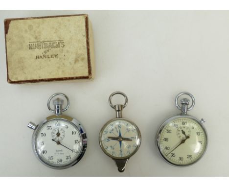 Smiths 1/5th secs steel Stop Watch plus other items: Stop watch, another steel pocket watch and a steel compass. (3)