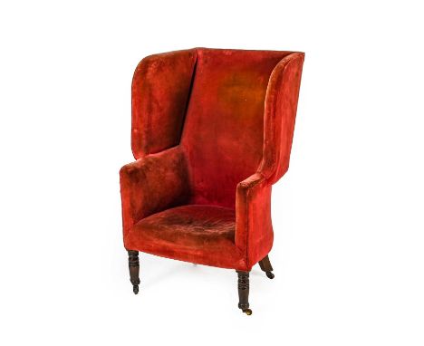 A Late George III Barrel-Shaped Wing-Back Armchair, early 19th century, covered in pink velvet, on ring turned forelegs with 