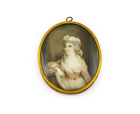 Samuel Shelley (1750-1808): Miniature Half-Length Portrait of a Lady, wearing white turban and white lace-trimmed dress, on i