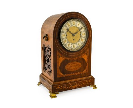 A Mahogany Inlaid Quarter Chiming Table Clock, circa 1890, arched pediment, front with shell and crossbanded inlay, pierced s