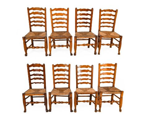 A Matched Set of Eight Mid 19th Century Cheshire Ash and Rush-Seated Ladder-Back Single Dining Chairs, with turned forelegs j