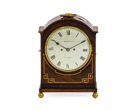 A Mahogany Striking Table Clock, signed Robt Scott, London, circa 1820, arch pediment, fish scale side sound frets, brass inl