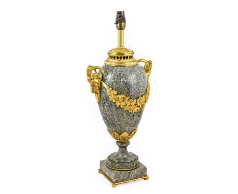 A Matched Pair of Gilt Metal Mounted Veined Grey Marble Lamp Bases, in Louis XVI style, of ovoid form, the ram's mask handles