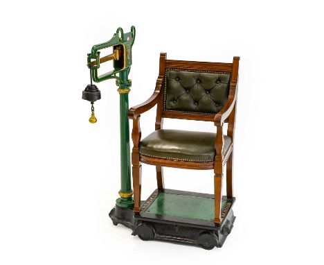 W &amp; T Avery, Birmingham: A Set of Early 20th Century Jockey Scales, repainted green and gold, the mahogany armchair recov