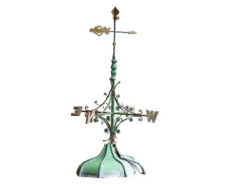 A Victorian Green and Gold Painted Wrought-Iron and Lead Weather Vane, with scroll cresting, wreath-applied scroll branches t