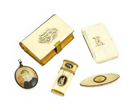 A George III Gold-Mounted Ivory Etui, of tapering form set with five plaques depicting classical maidens and ornament, contai