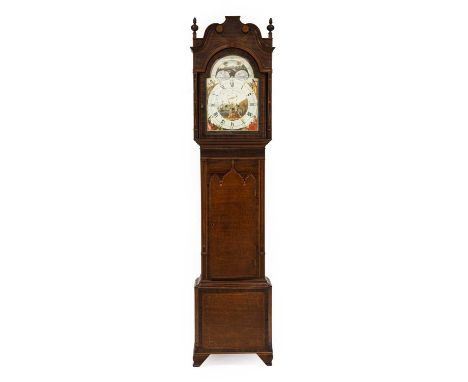 A Mahogany Eight Day Longcase Clock, signed Jno Kent, Manchester, early 19th century, swan neck pediment, arch trunk door, in