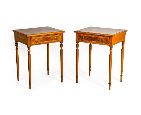 A Pair of Burr Walnut, Crossbanded and Feather-Banded Lamp or Side Tables, modern, the moulded tops and single frieze drawers