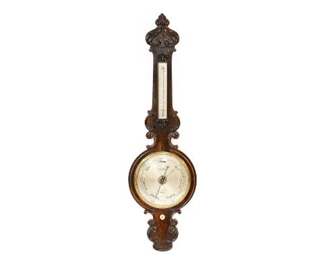 A Rosewood Wheel Barometer, signed L.Casella, London, circa 1870, case with carved scroll mounts, thermometer tube box, 10-in