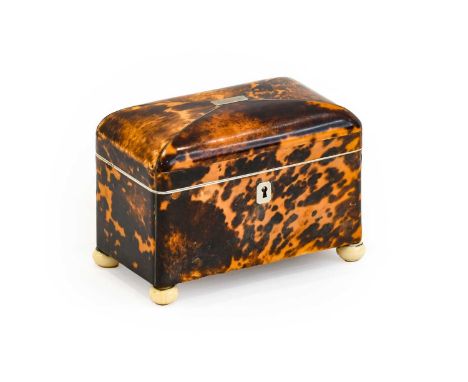 A Regency Ivory and White Metal Mounted Tortoiseshell Tea Caddy, of domed rectangular form, the hinged cover with plaque insc