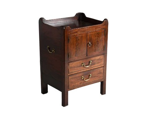 A George III Mahogany, Crossbanded, Boxwood and Ebony Strung Bedside Commode Cupboard, the gallery top above two cupboard doo