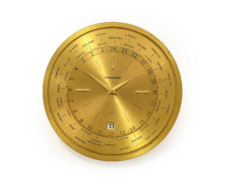 A Brass World Time Display Calendar Desk Timepiece, signed Jaeger LeCoultre, circa 1970, manual wound lever movement, 6-1/4-i