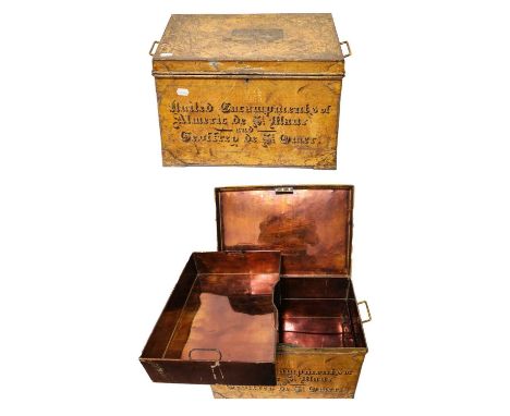 A 19th Century Yellow-PaInted Metal Trunk, the hinged bearing paper label, with pivoting side carrying handles, the copper-li