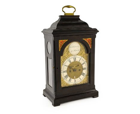 An Ebonised Striking Table Clock, signed Richd Bottomley, London, circa 1780, inverted bell top case with carrying handle, gl