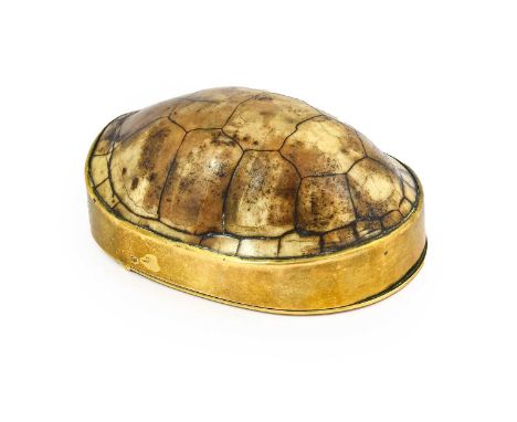 A Brass-Mounted Blonde Mud Turtle Shell Snuff Box, 19th century, of oval form with hinged cover, 9.7cm longCondition report: 