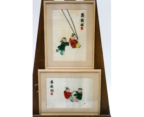 Two 20th century Chinese silkwork pictures of two children playing, 29cm x 19cm and 18cm x 27cm