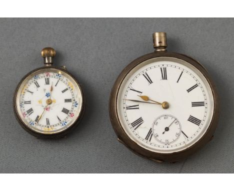 One open face pocket watch with white Roman numeral dial and additional second hand sweep. Crown is missing and watch not wor