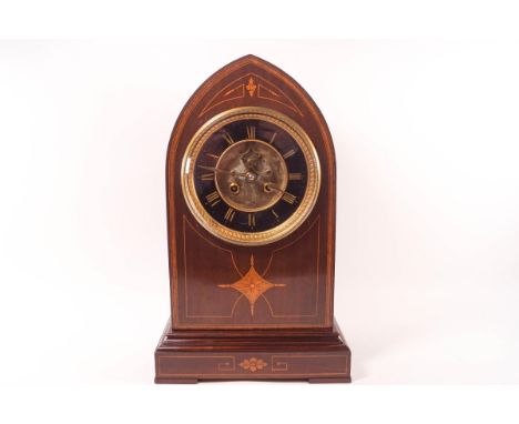 A mahogany inlaid lancet bracket clock with eight day French movement by Marti with jewelled visible escape, striking 1/2 and