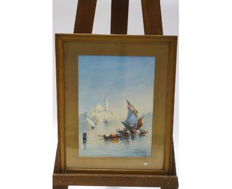 F W K, Mooring boats with Venice beyond, watercolour, signed lower right, 41cm x 28.5cm