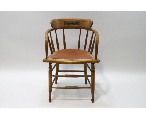 An early 20th century elm stick back chair with carved inscription, 'Libanuspwill 1918'