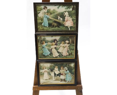 A set of three Victorian chromolithographs of children playing, each titled, 22cm x 34cm