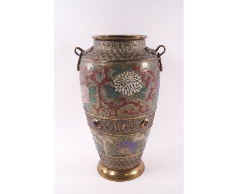 A Chinese champleve enamel and polished bronze vase with ring handles, inset with cabochons and floral decoration, 30cm high