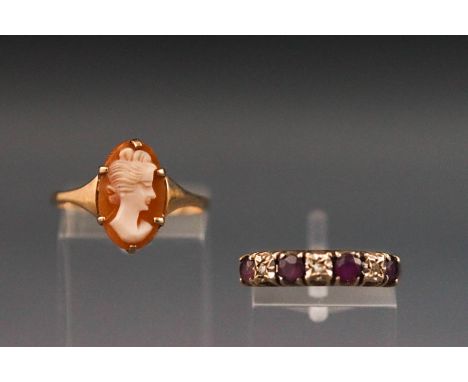 A stamped 9ct cameo ring (size O) and a yellow metal half hoop ruby and diamond ring, tests indicate 9ct gold (Size L) gross 