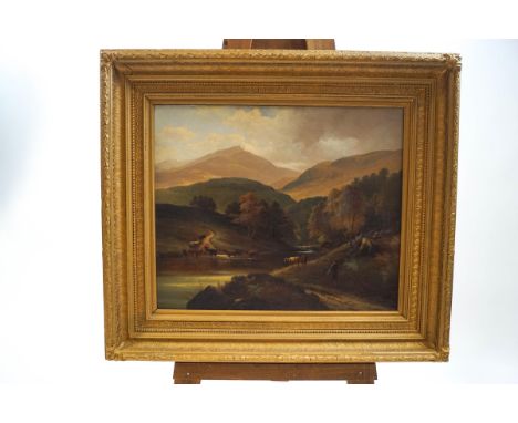 J R M, circa 1861, cattle crossing the stream with mountainous landscape, oil on canvas laid onto board, signed with initials