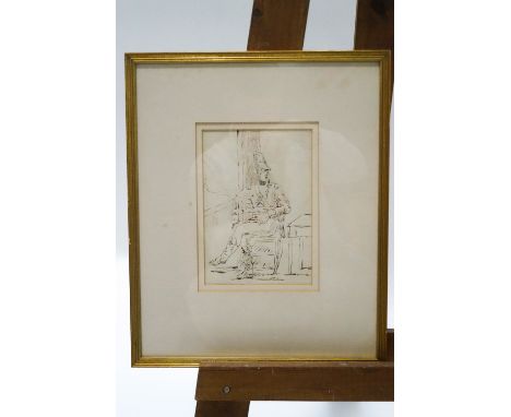 French School, 18th century, Figure of a seated Infantryman, sepia ink sketch, 19cm x 13cm