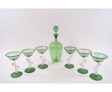 A 1930s Naked Lady Bimini green glass cocktail set by Fritz Lampl Werkstätte, Vienna, of six glasses, 10cm high, with decante
