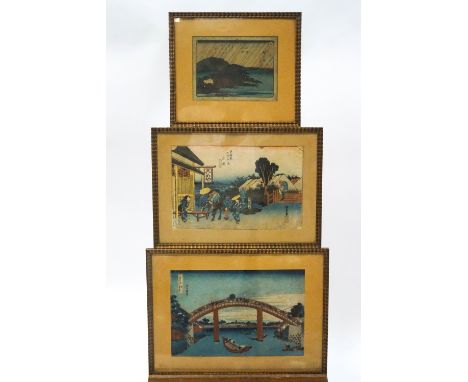 After Hokusai, 19th century, A Bridge with boats below, woodblock print, signed, 25cm x 37.5cm, Hiroshigo, Travellers in rest