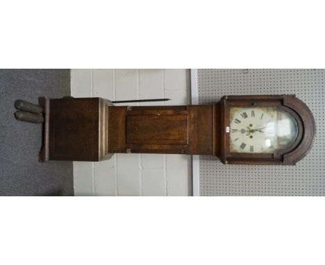 An early 19th century mahogany longcase clock with eight day movement, painted face and arched dial, pendulum and weights, 20