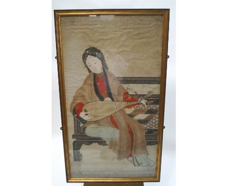 Chinese school, 19th century, A lady seated playing a stringed instrument, watercolour and gouache, 128cm x 71cm