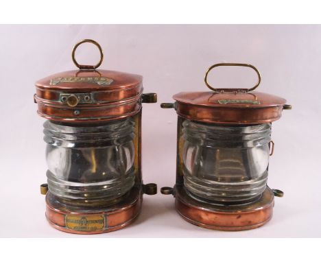 A Simpson Lawrence copper and brass masthead ships light, 26cm high, and a further masthead ships light, 22cm high