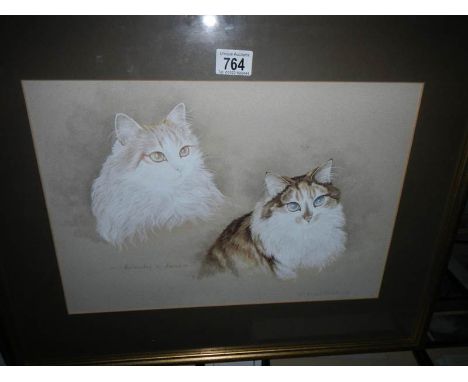 A watercolour of 2 cats entitled 'Brandy and Sasha', signed Patricia Bradley '87, image 29 x 43 cm